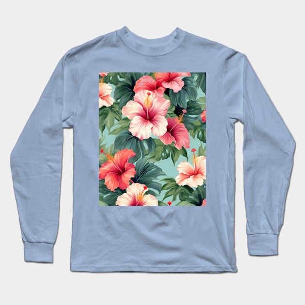 Pink and Red Hibiscus Pattern Long Sleeve T-Shirt by EpicFoxArt